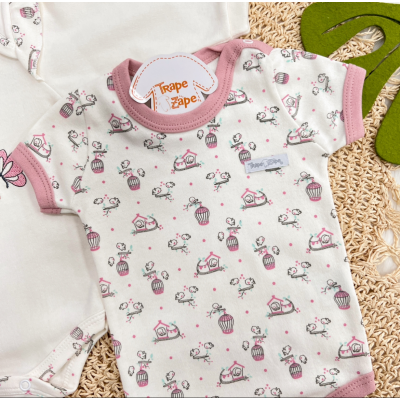 Conj. de Malha 3 peças - Gaiola de Passarinhos com Borboletas - Off White e Rose
